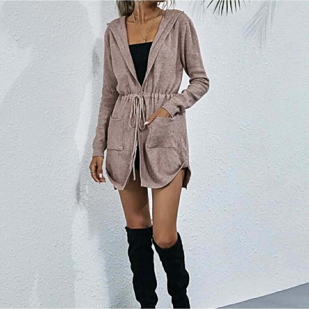 Hooded Drawstring Waist Cardigan - Picture 9 of 11